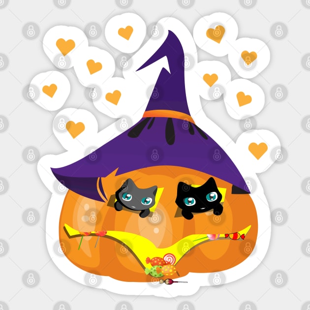 Halloween Black and Gray Cat in a Pumpkin House with Sweets Sticker by K0tK0tu